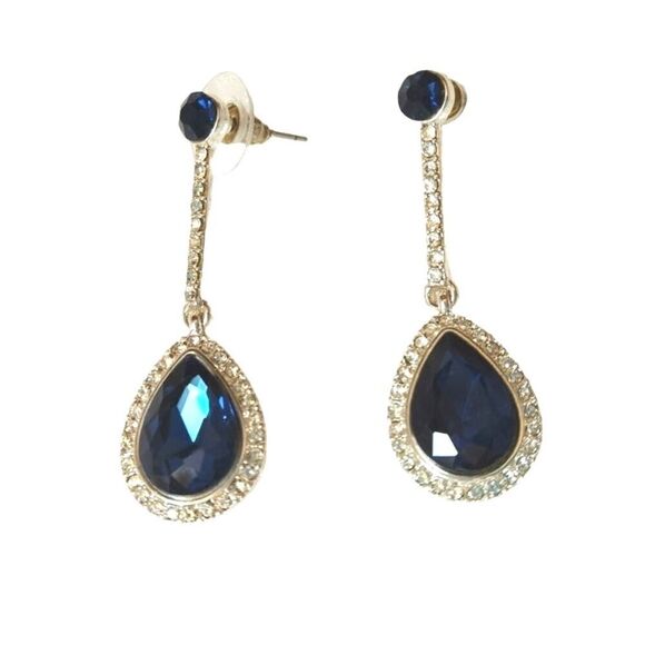 Pear Round Cut Navy Blue & Clear Crystal Dangle Drop Earrings Silver Plated Post - Picture 1 of 4